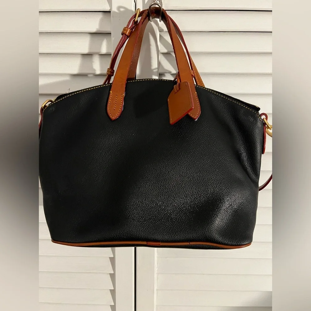 Dooney & Bourke Pebble Grain Large Zip Dome Satchel Black British Tan